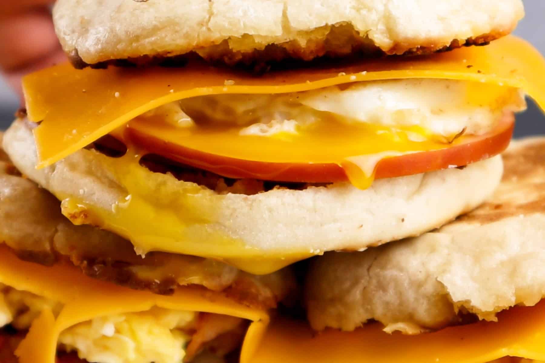 close up of fried egg sandwich with yolk dripping down side