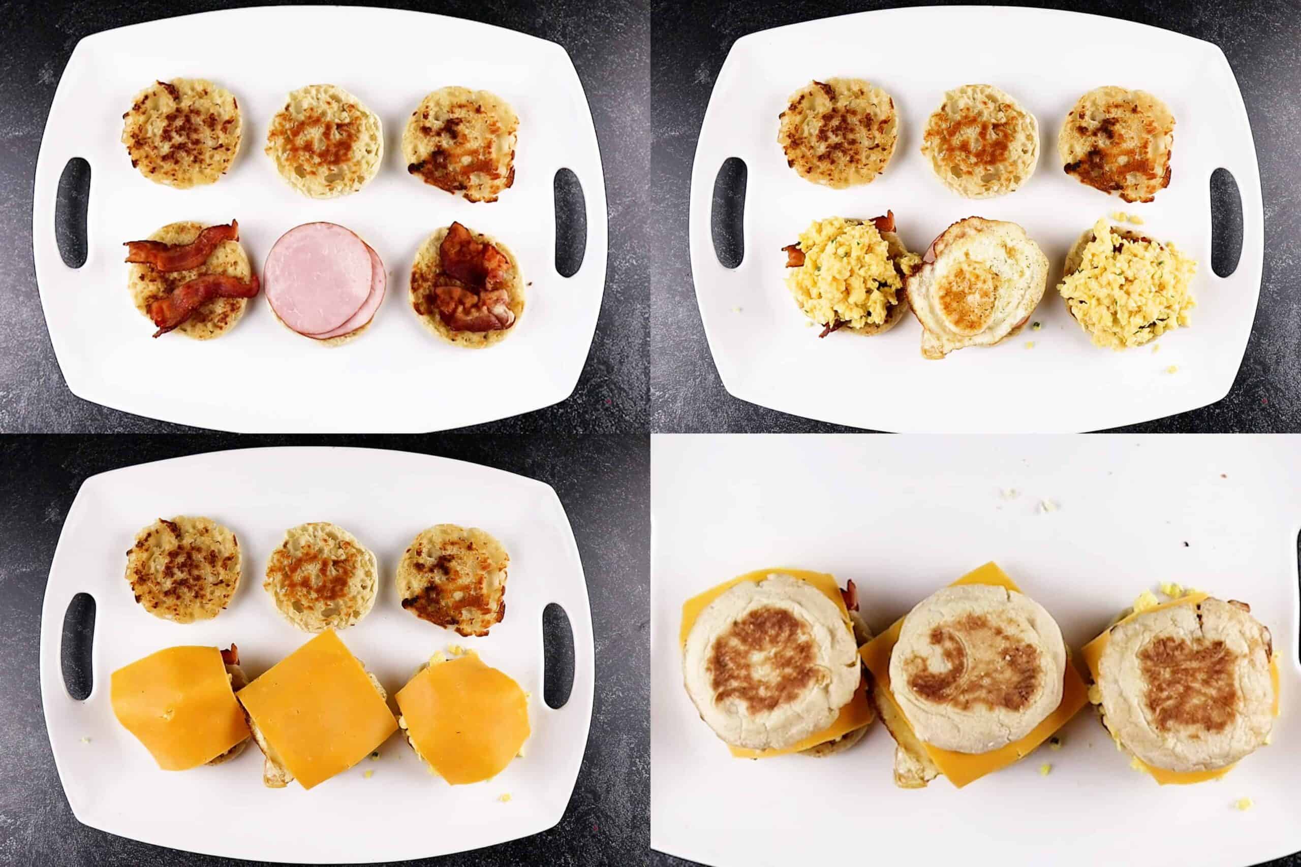 how to assemble breakfast sandwhichs process shots (meat, egg, cheese on bread)