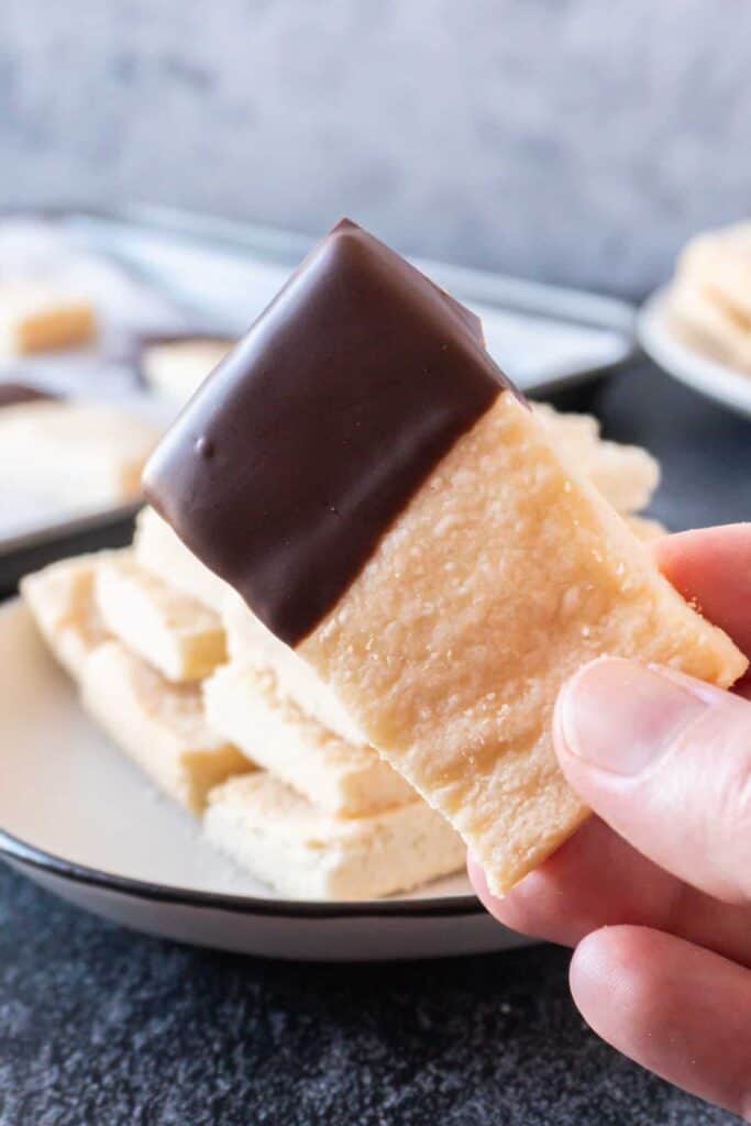 holding a chocolate dipped shortbread cookie