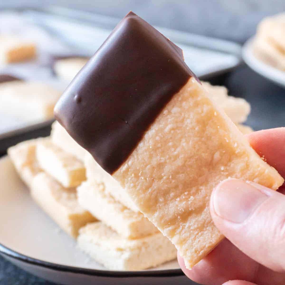 holding a chocolate dipped shortbread cookie featured image