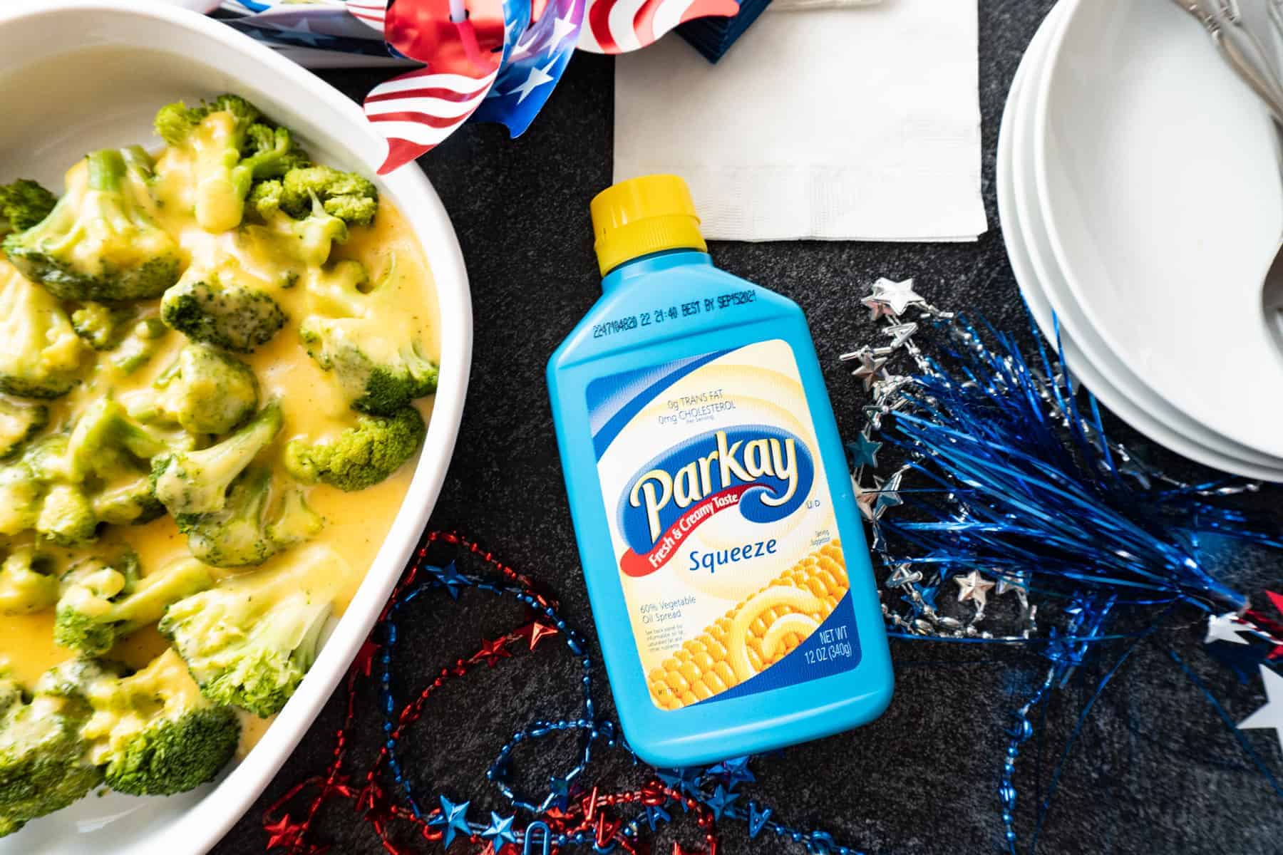 Parkay Vegetable Oil spread bottle next to broccoli dish