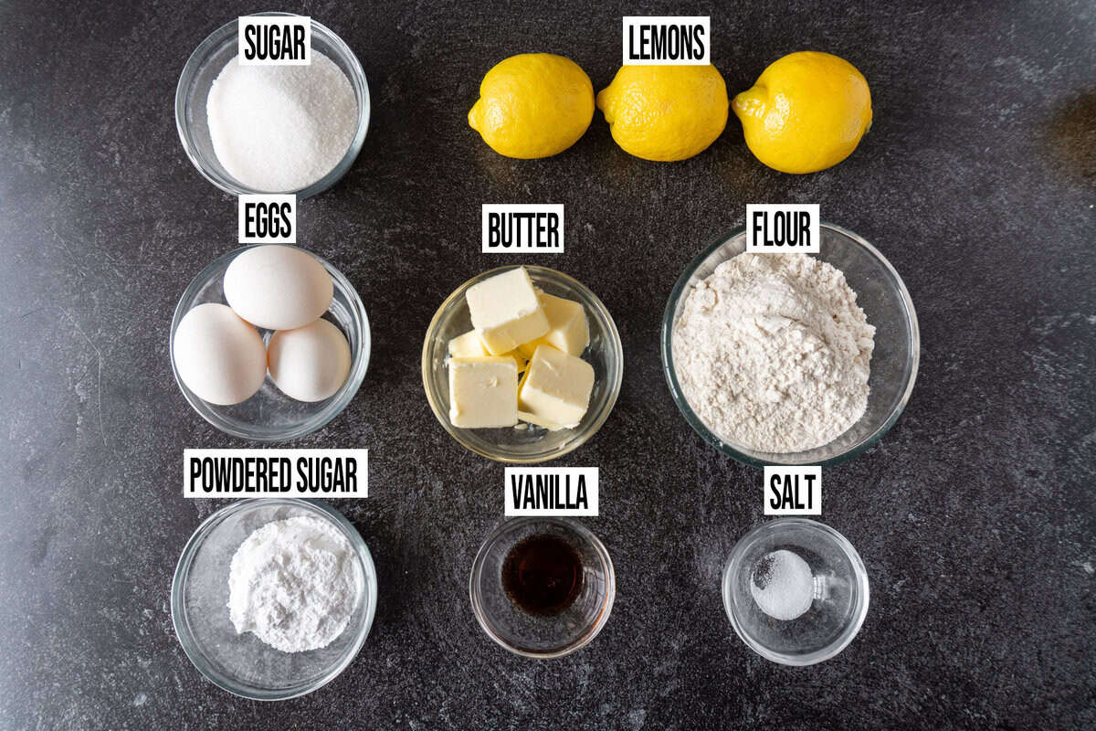 lemon squares ingredients labeled and in individual bowls.