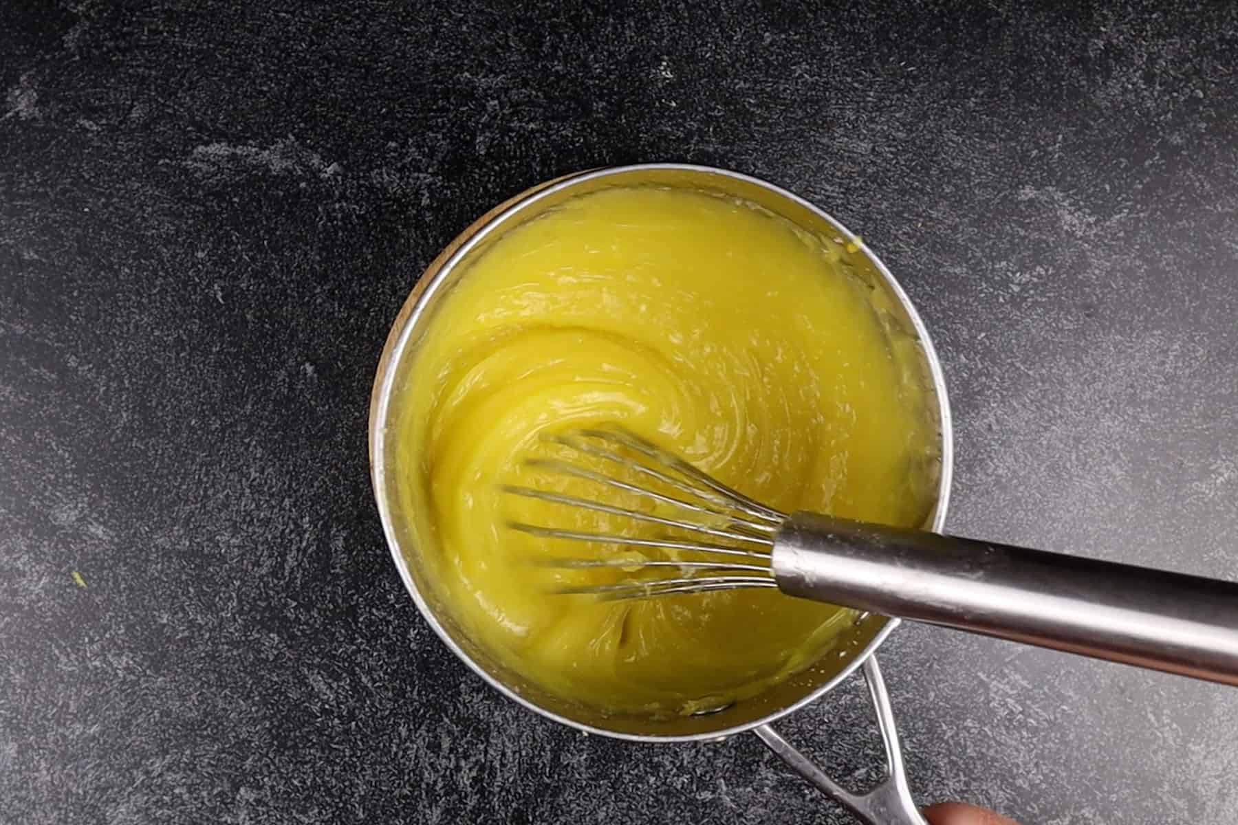 lemon filling in sauce pan ready after adding egg yolks