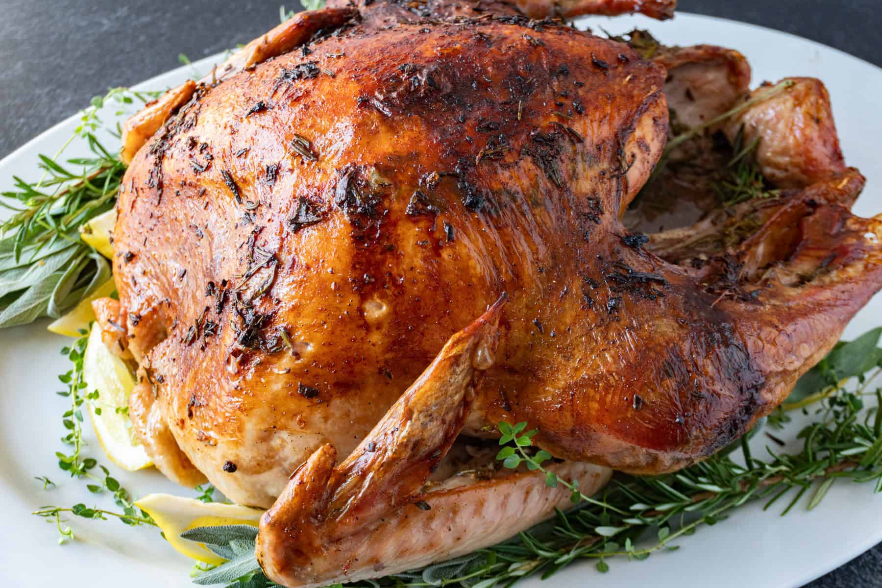 Herb butter turkey with golden skin on a white platter surrounded by fresh herbs and lemon slices.