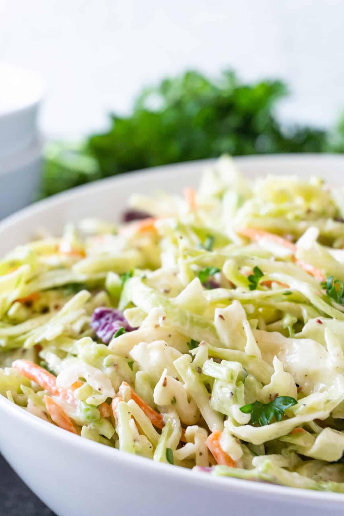 broccoli coleslaw in bowl close up