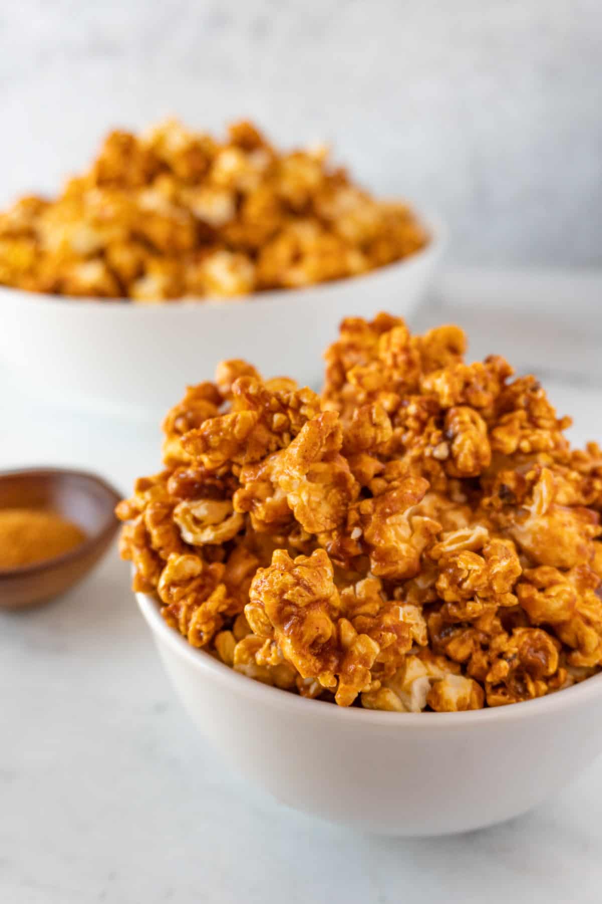 buffalo popcorn in a white bowl