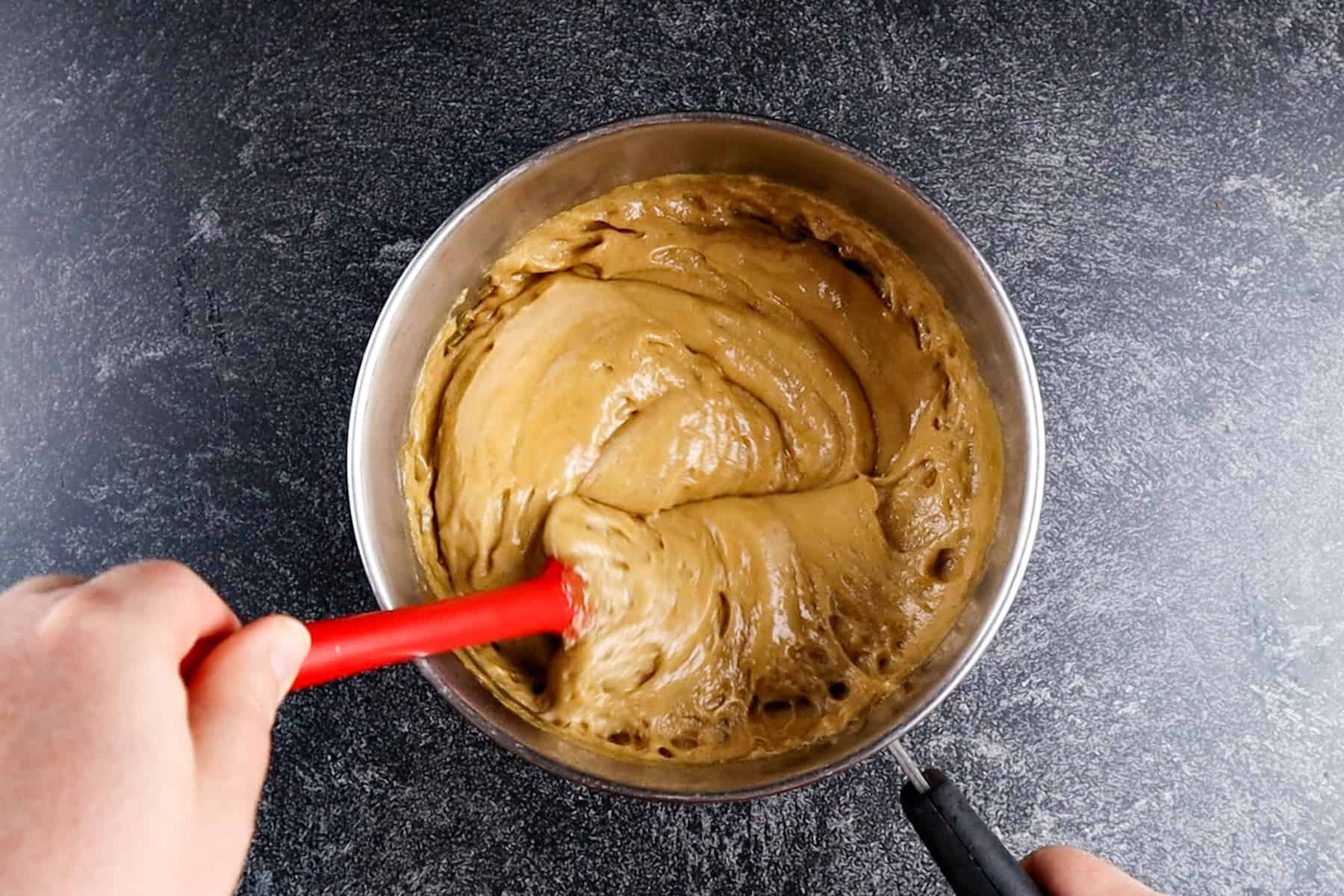 caramel after adding baking soda- in a sauce pan- foamy