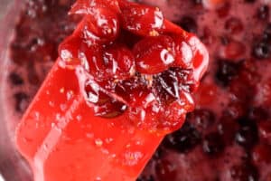 close up of burst cranberries on spatula