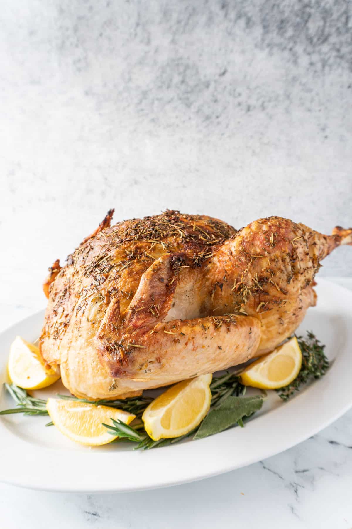 baked turkey on platter with lemon and sage leaves around it