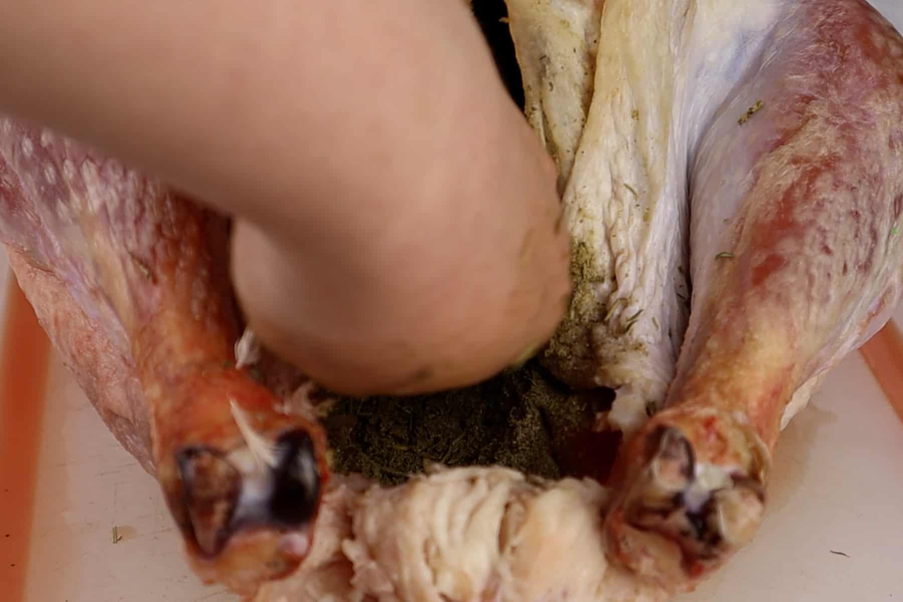 putting herb mixture in turkey cavity