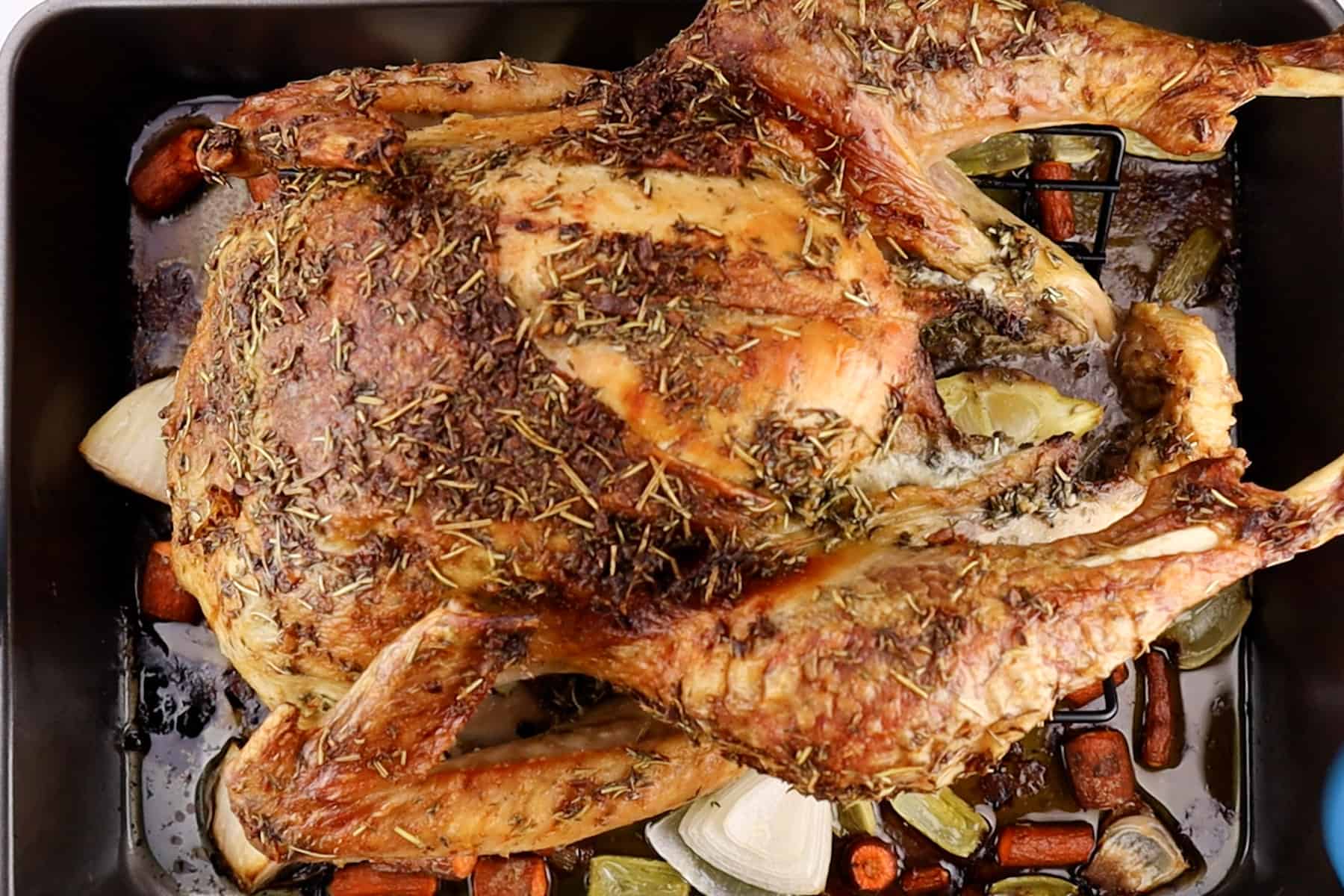 baked turkey on roasting pan