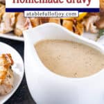 gravy in a gravy boat with turkey in background pinterest pin