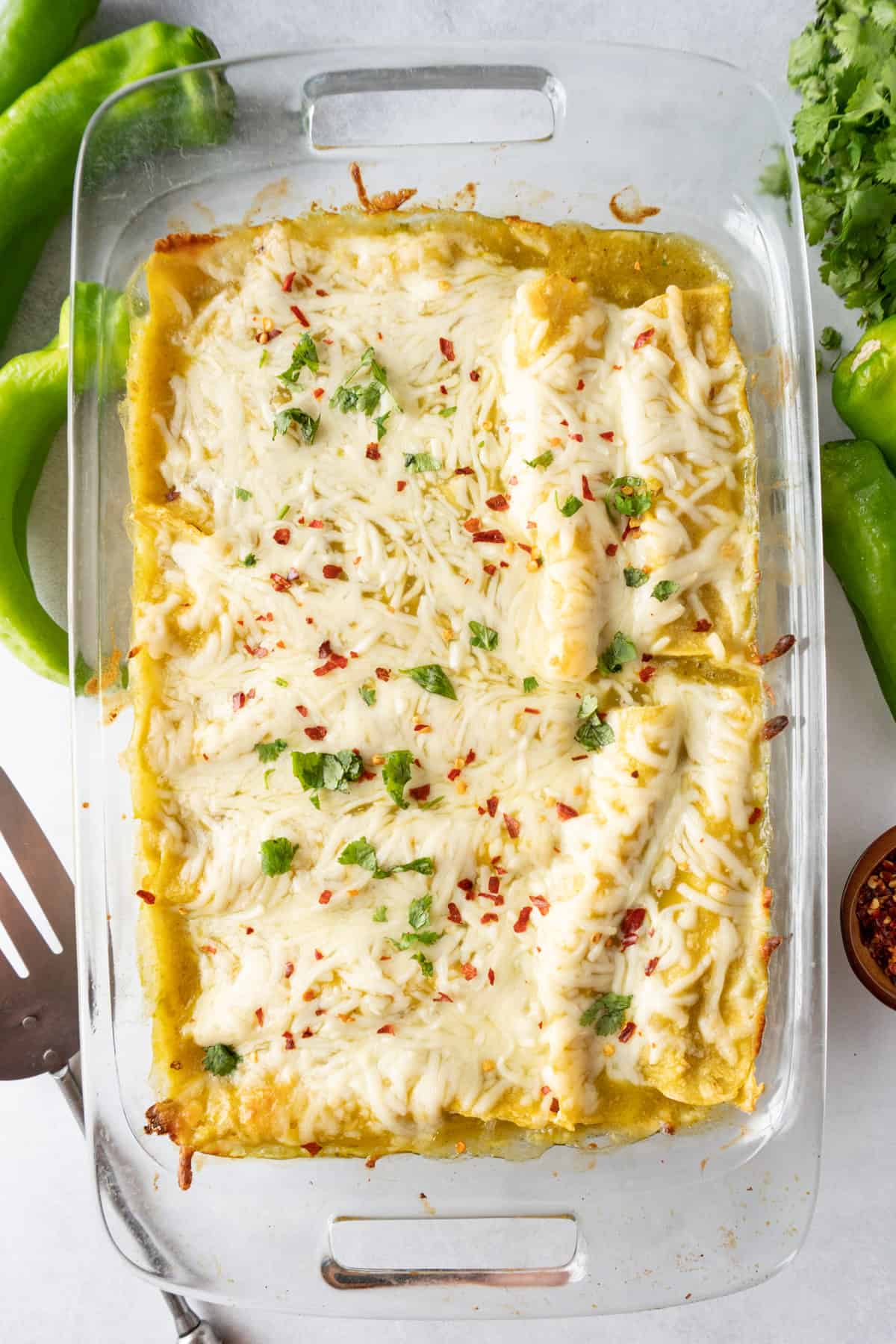 green chile chicken enchiladas in casserole dish