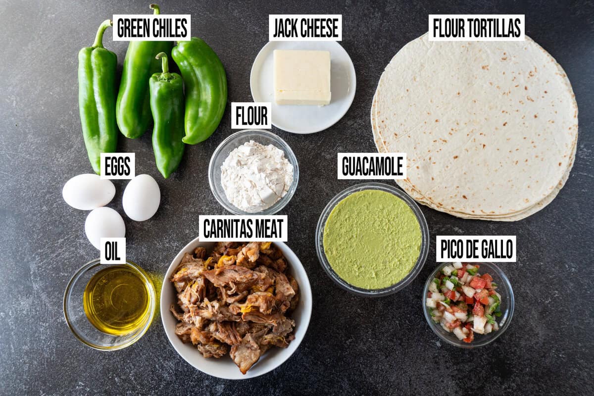 chile relleno burrito ingredients in individual bowls and labeled.