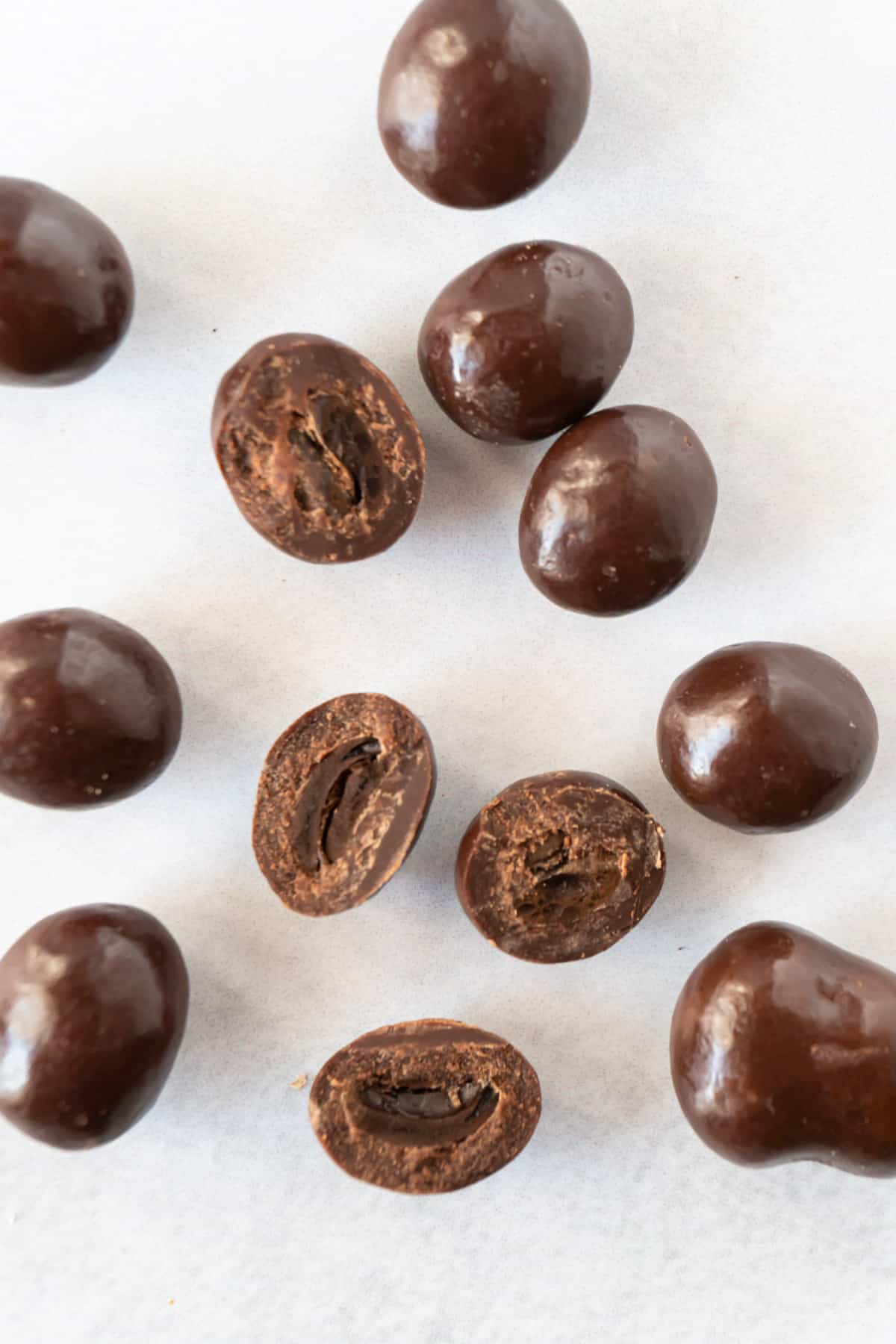 chocoalte covered coffee beans cut in half