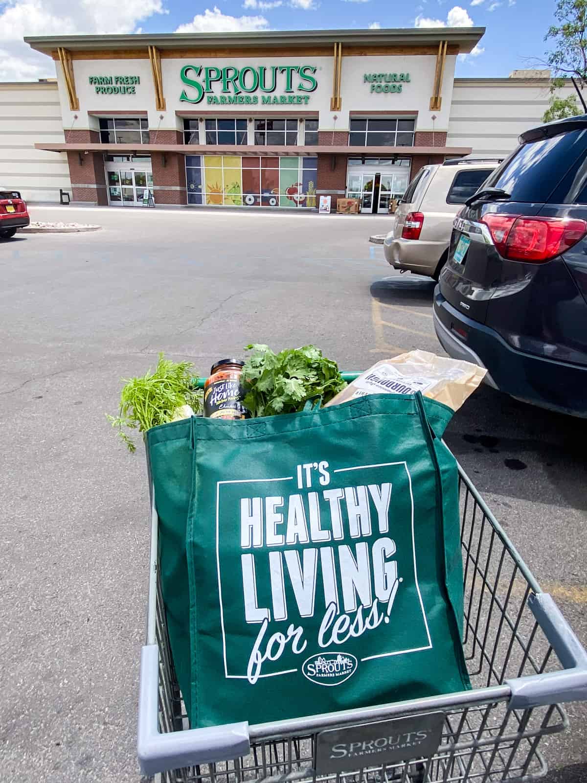 groceries in sporuts bag in cart in front of sprouts