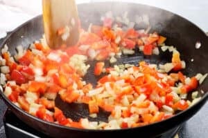 sautéed pepper and onion in skillet