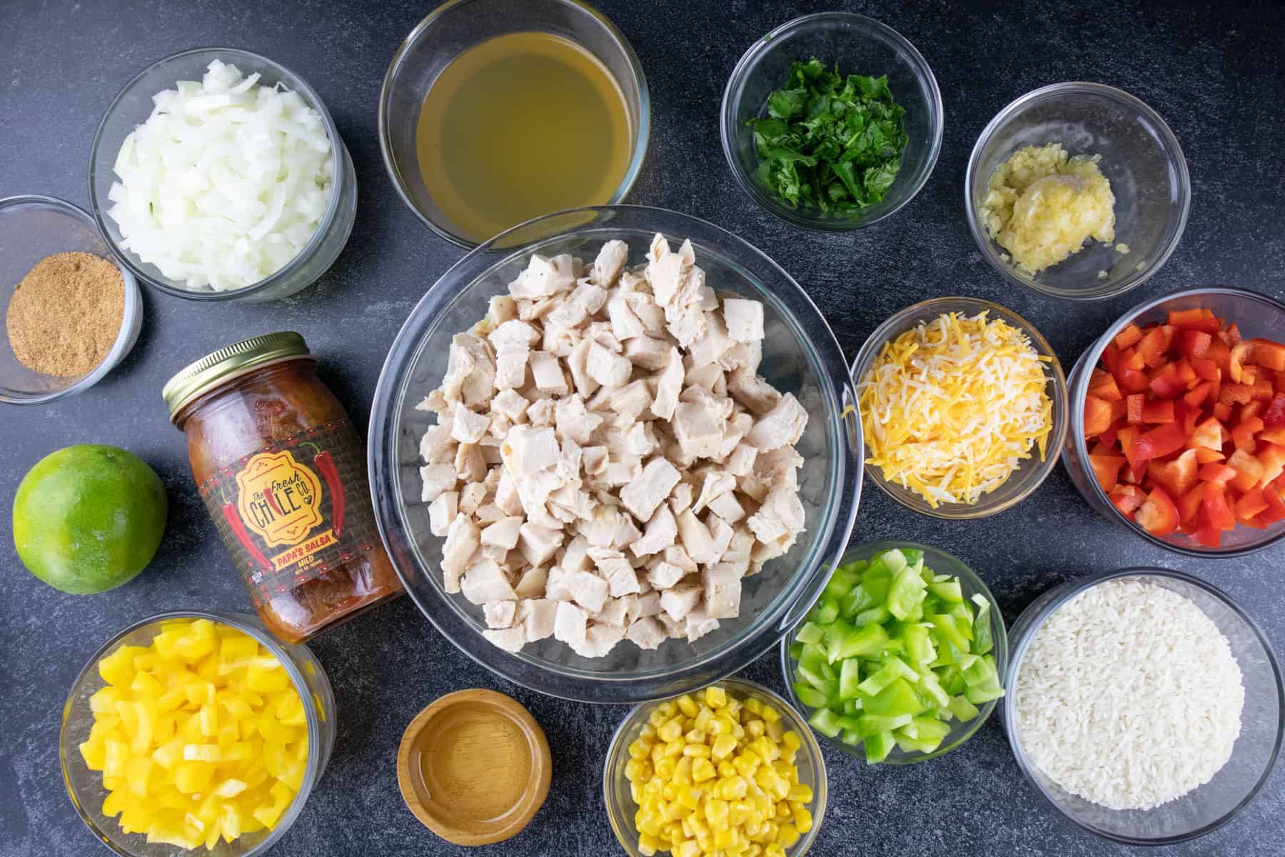 southwest chicken recipe ingredients in own bowls