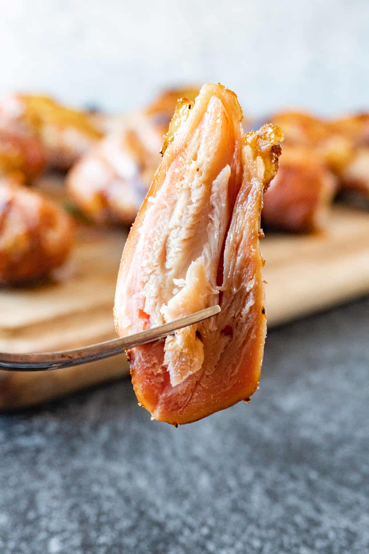 smoked chicken on fork