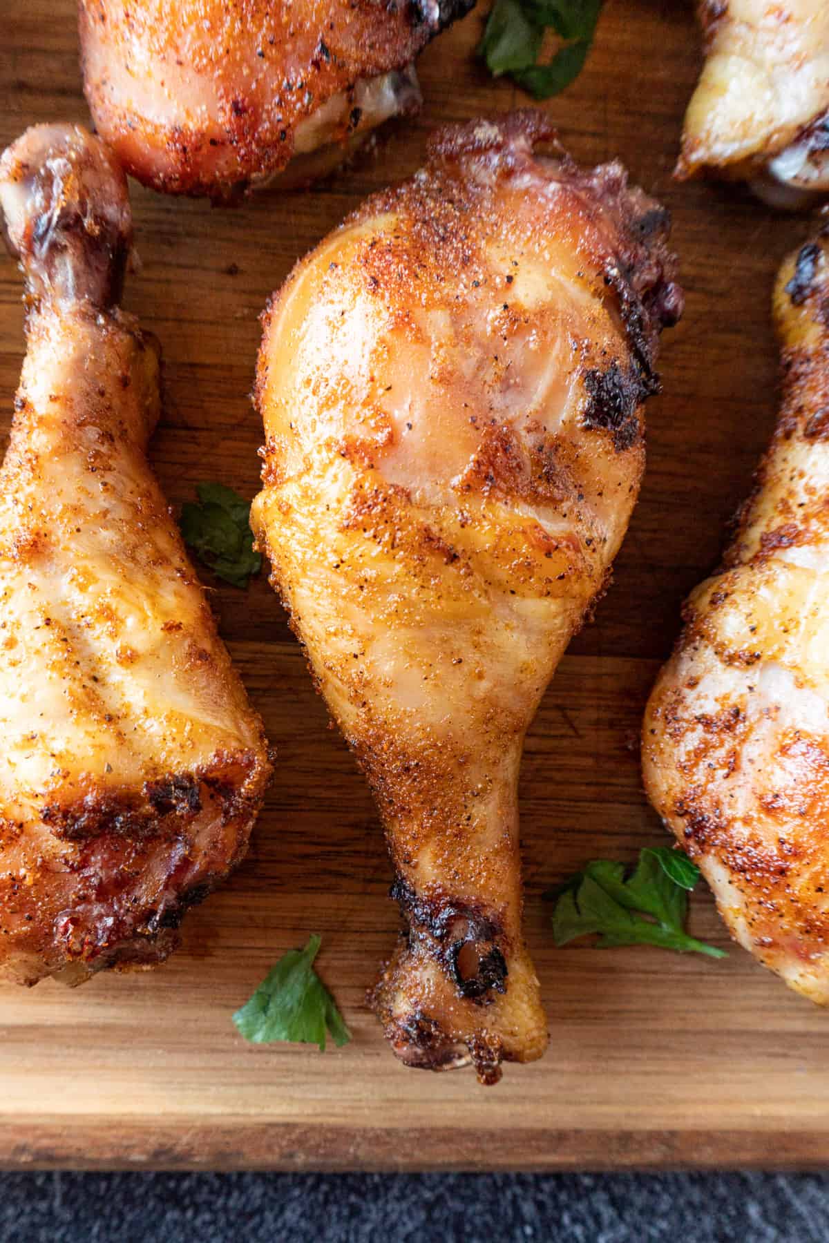 smoked chicken legs close up