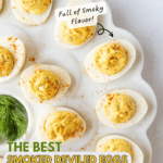 smoked deviled eggs on white platter pinterest pin