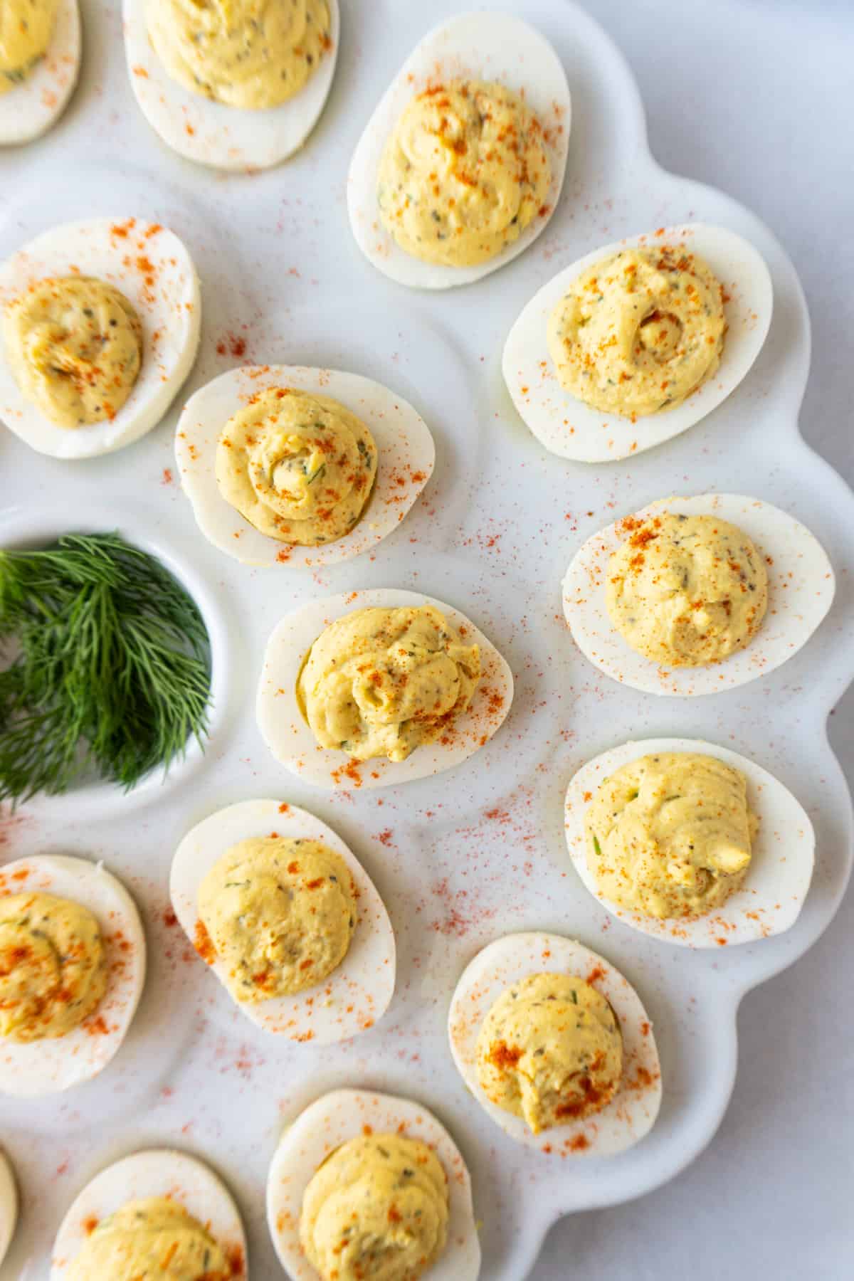 Smoked Deviled Eggs on white platter