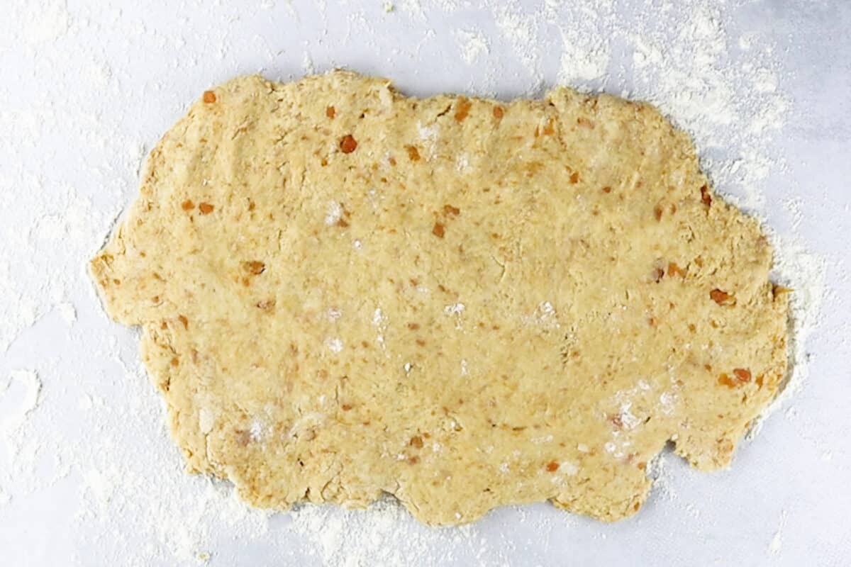 sweet potato biscuit dough before cutting rolled out