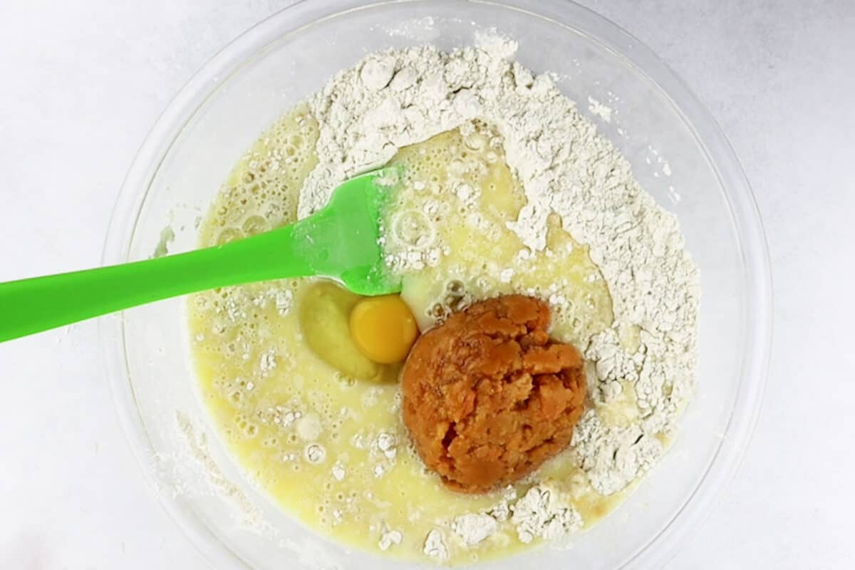 wet ingredients added to flour