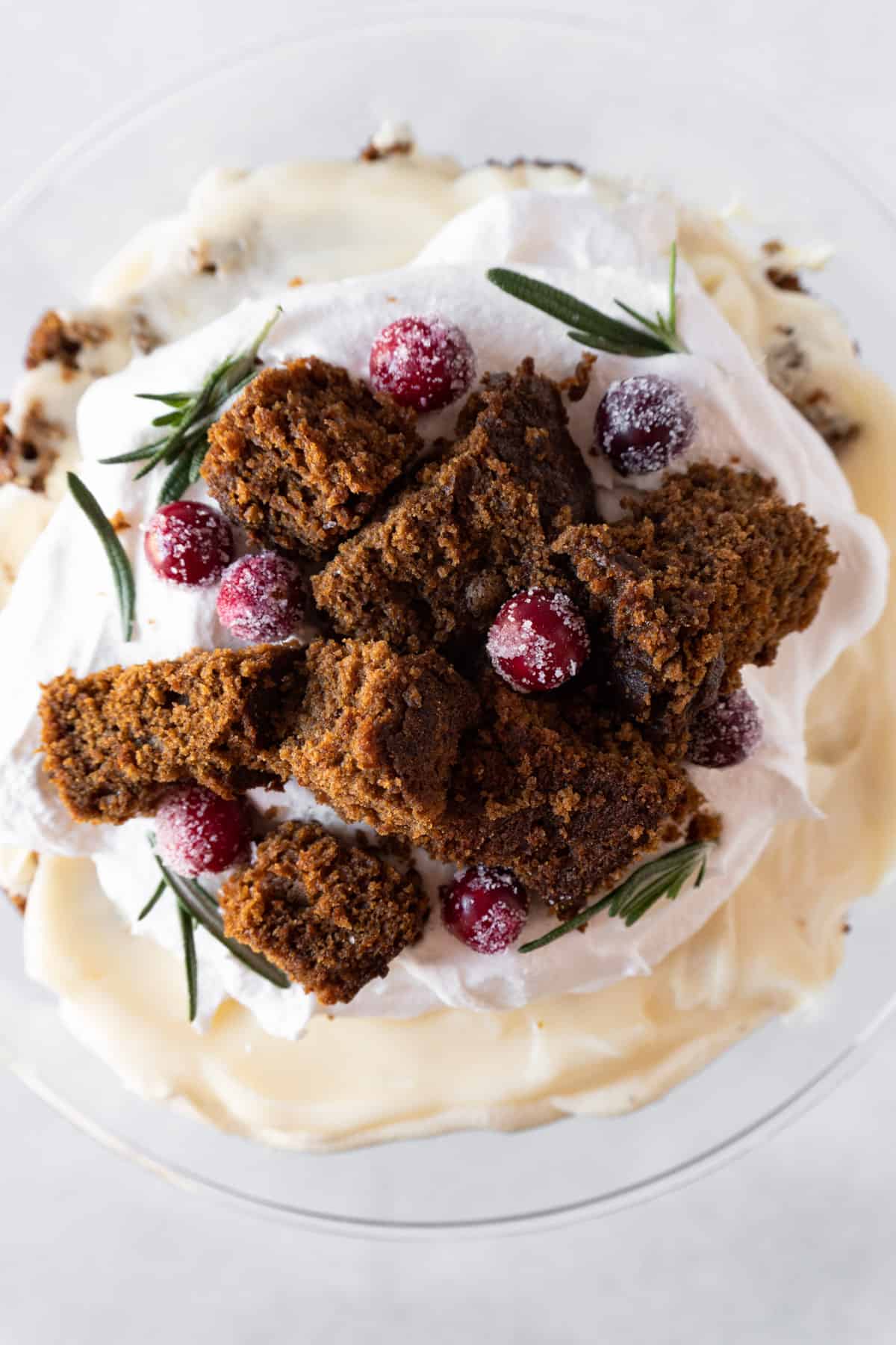 Top of gingerbread trifle showing ganish of candied cranberries, rosemary, and gingerbread cake cubes.
