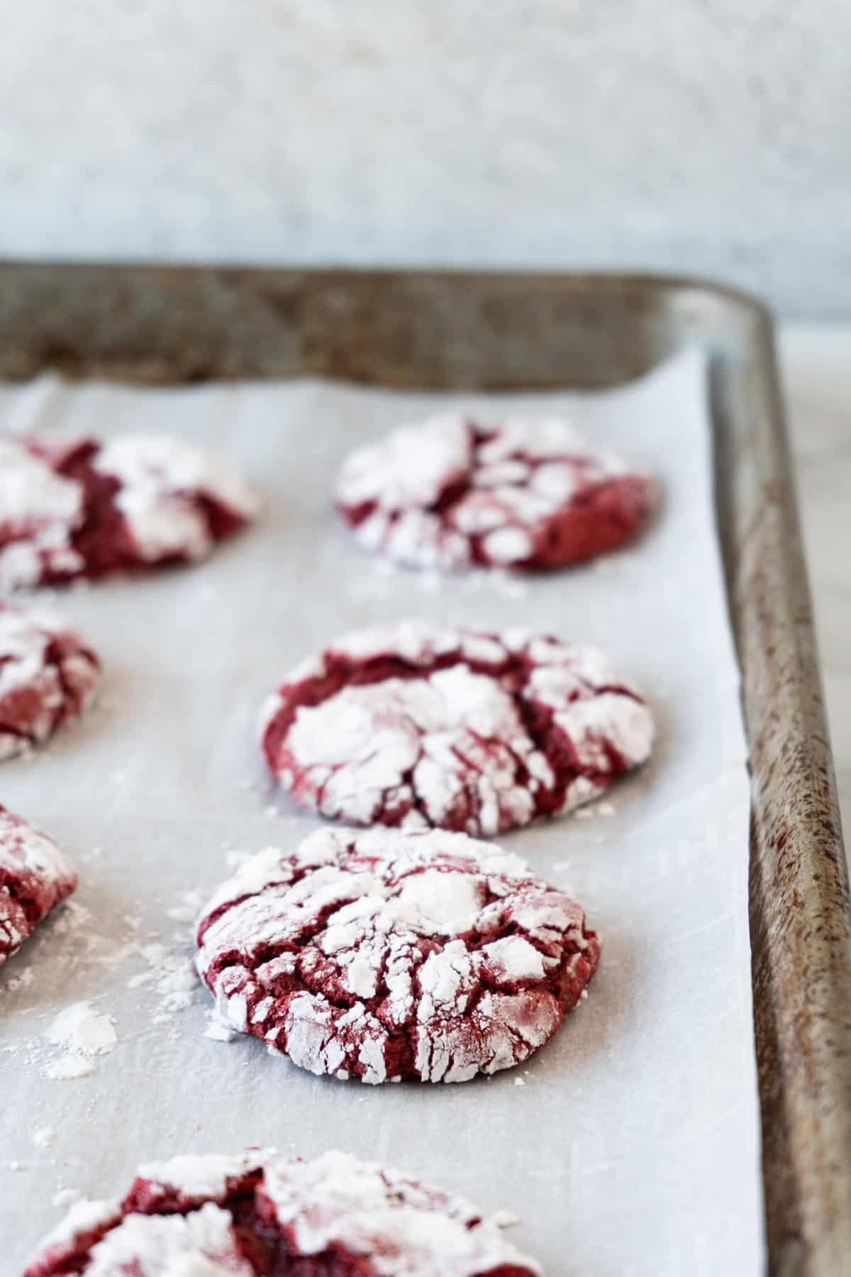 red velvet crinkle cookies on parchment lined baking sheet.
