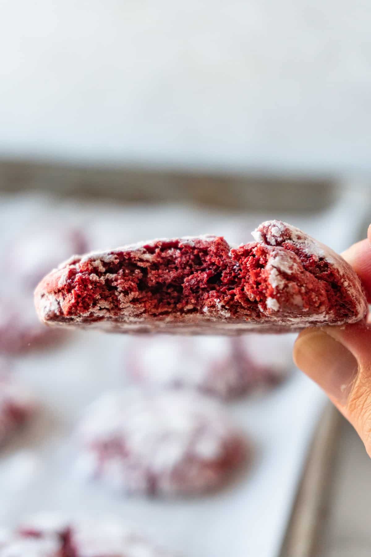 red velvet crinkle cookie with bite take out