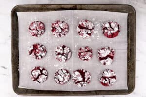 red velvet crinkle cookies after baking