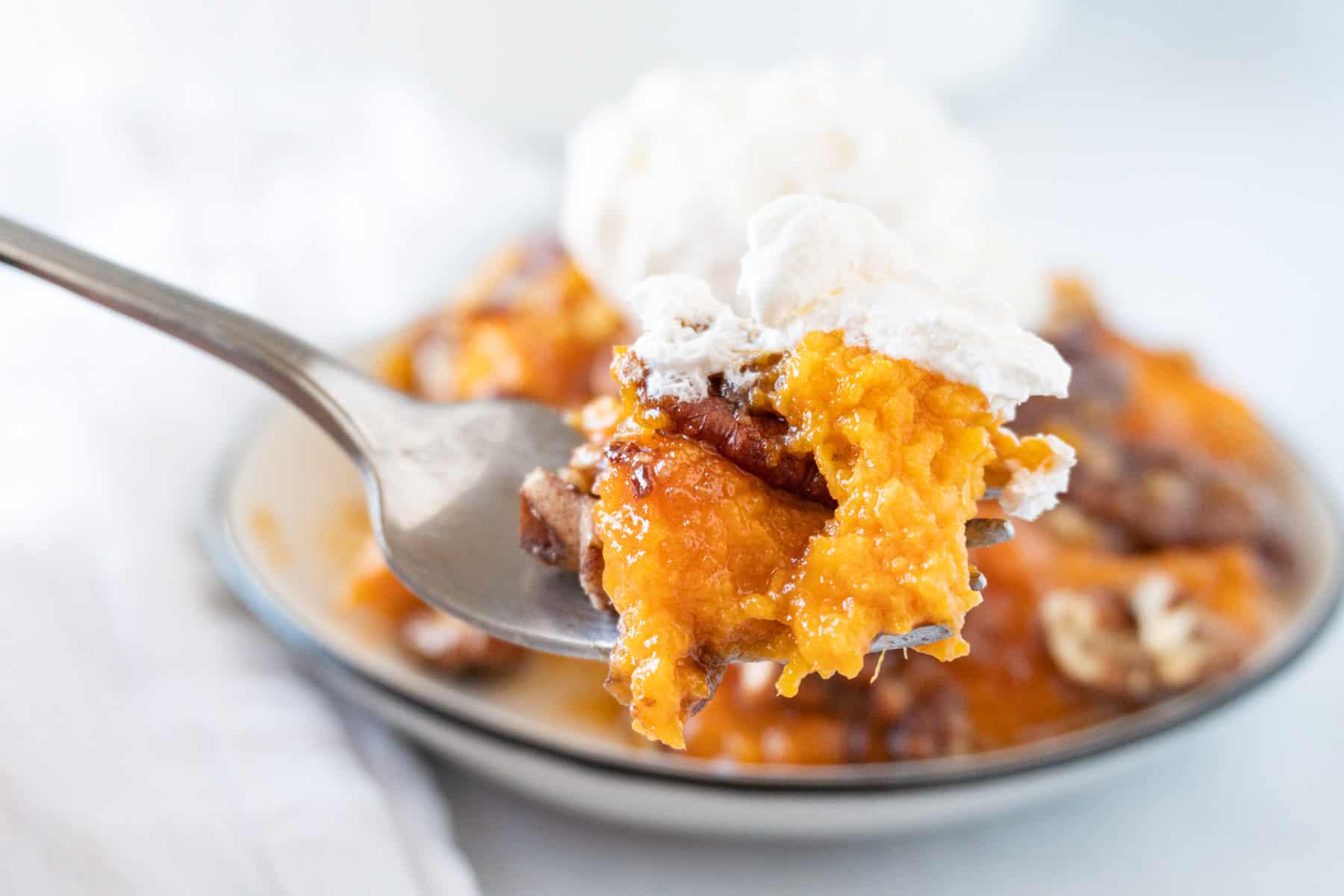 sweet potato pudding on fork