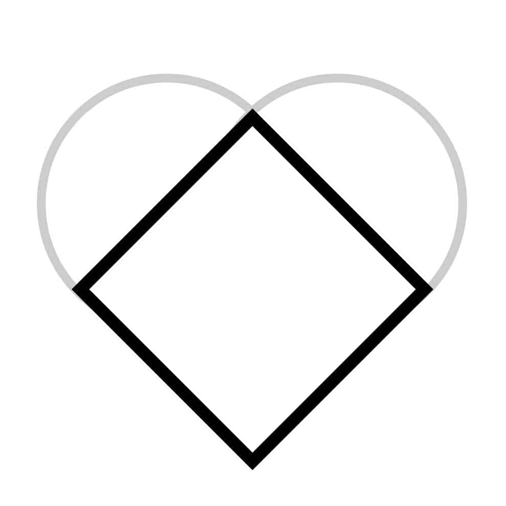 diagram of square cake  with two halves of a round cake pieced together to make a heart