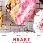 Heart Shaped Cookie, half covered in candy coating with sprinkles on Wire Rack- pinterest pin.