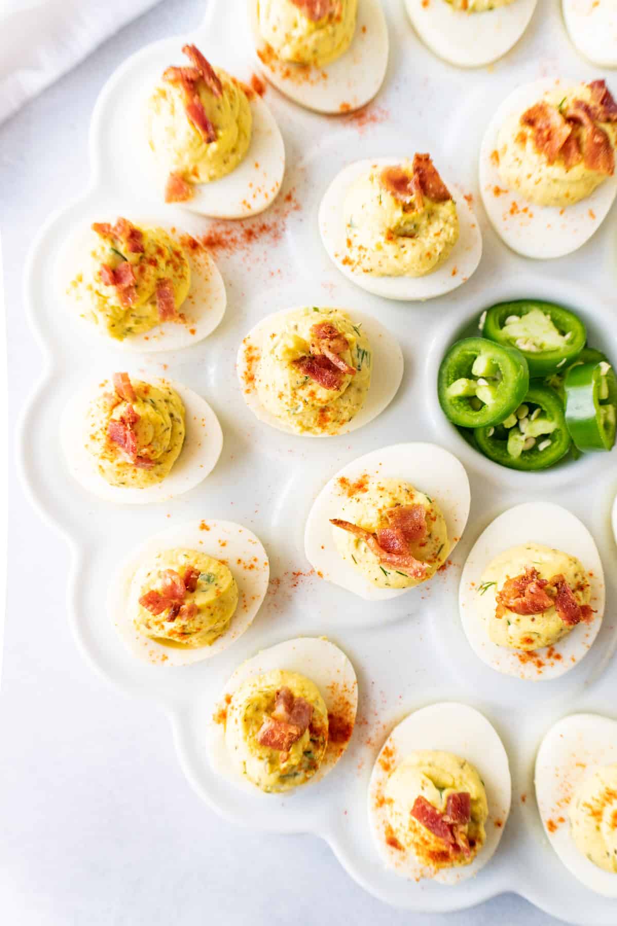 jalapeno deviled eggs on platter