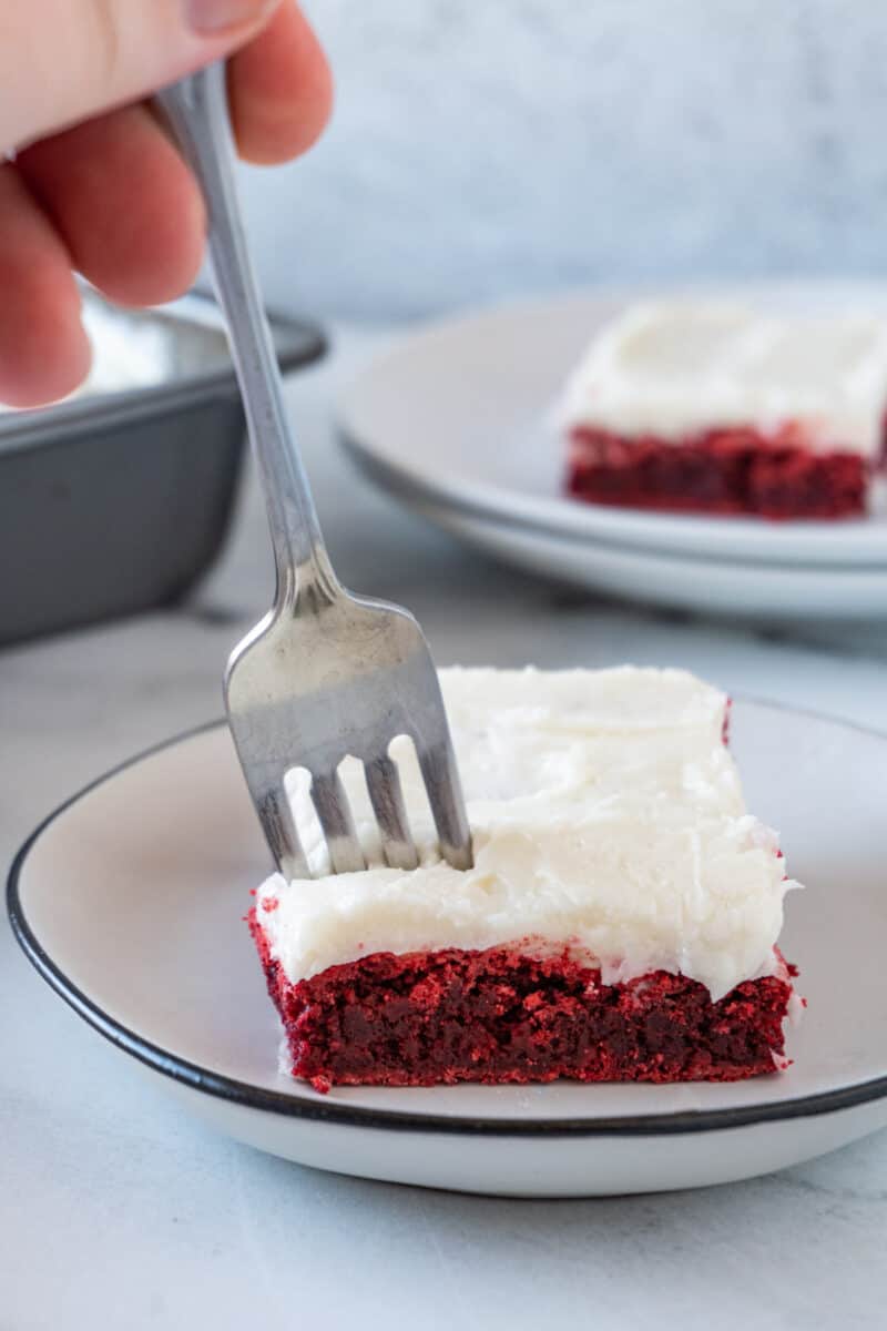 red velvet brownie with fork sticking in it