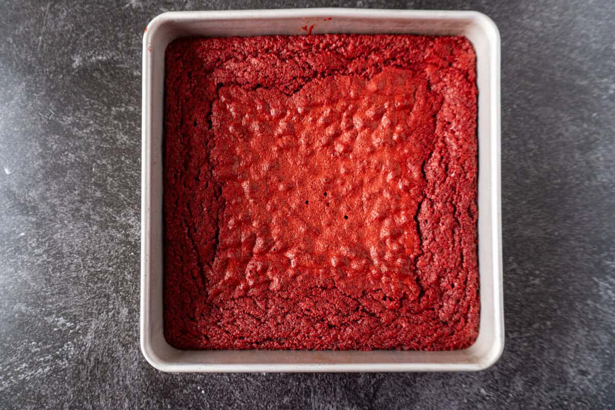 red velvet brownie baked in a square pan.