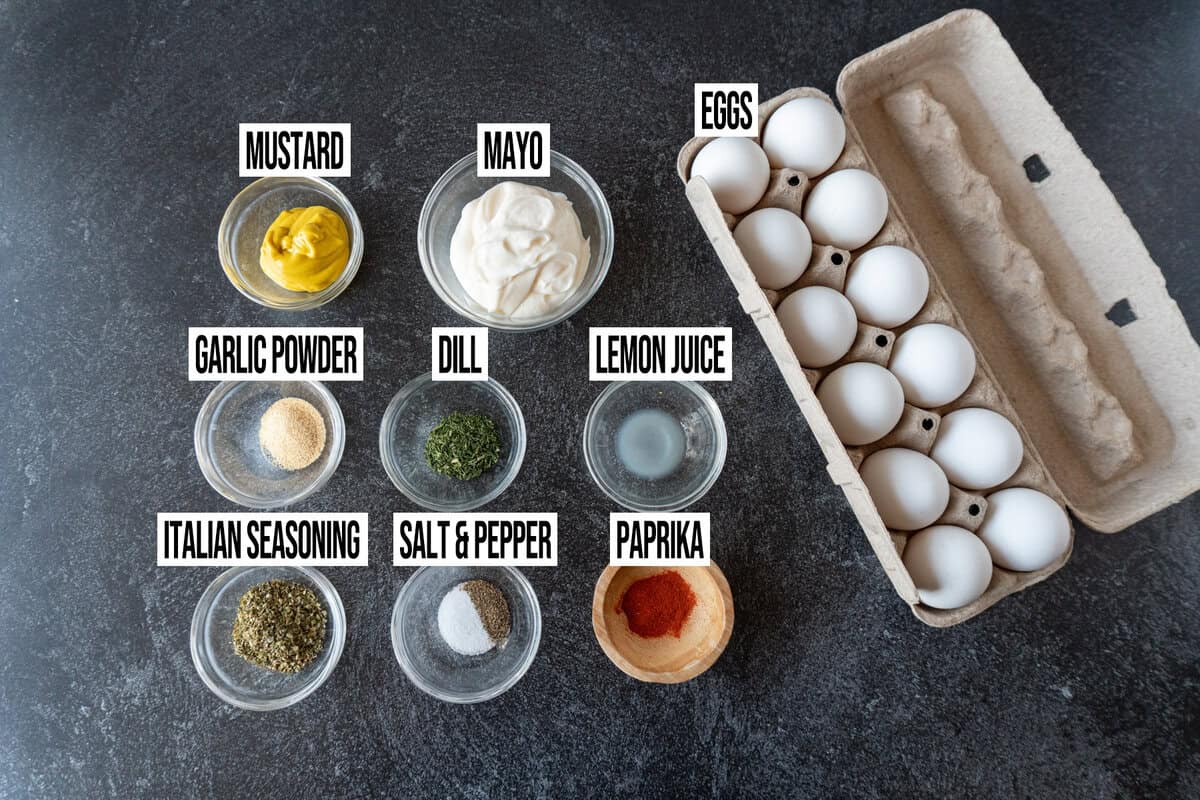 Smoked Bacon Deviled Eggs Ingredients in individual dishes and labeled.