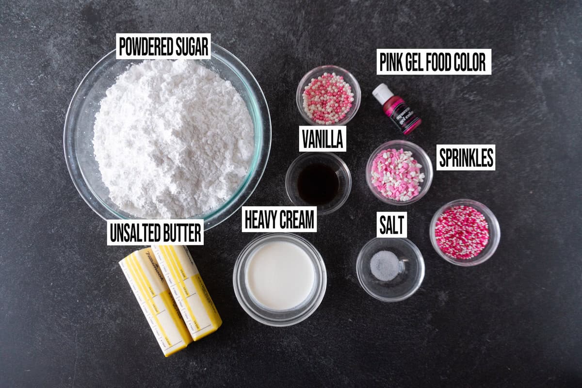 vanilla frosting ingredients in their own bowls.