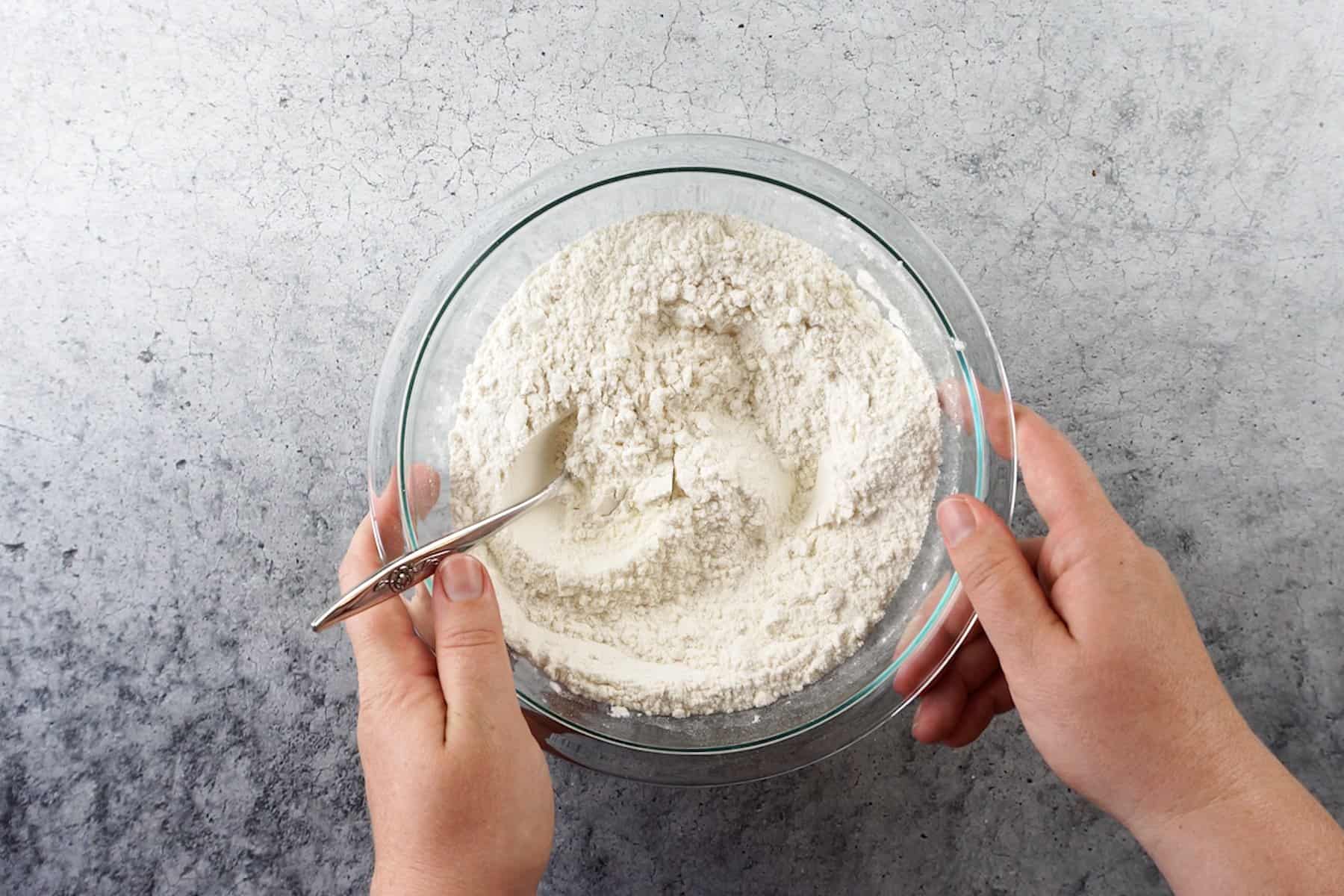 flour mixture for cookie dough in glass bowl.