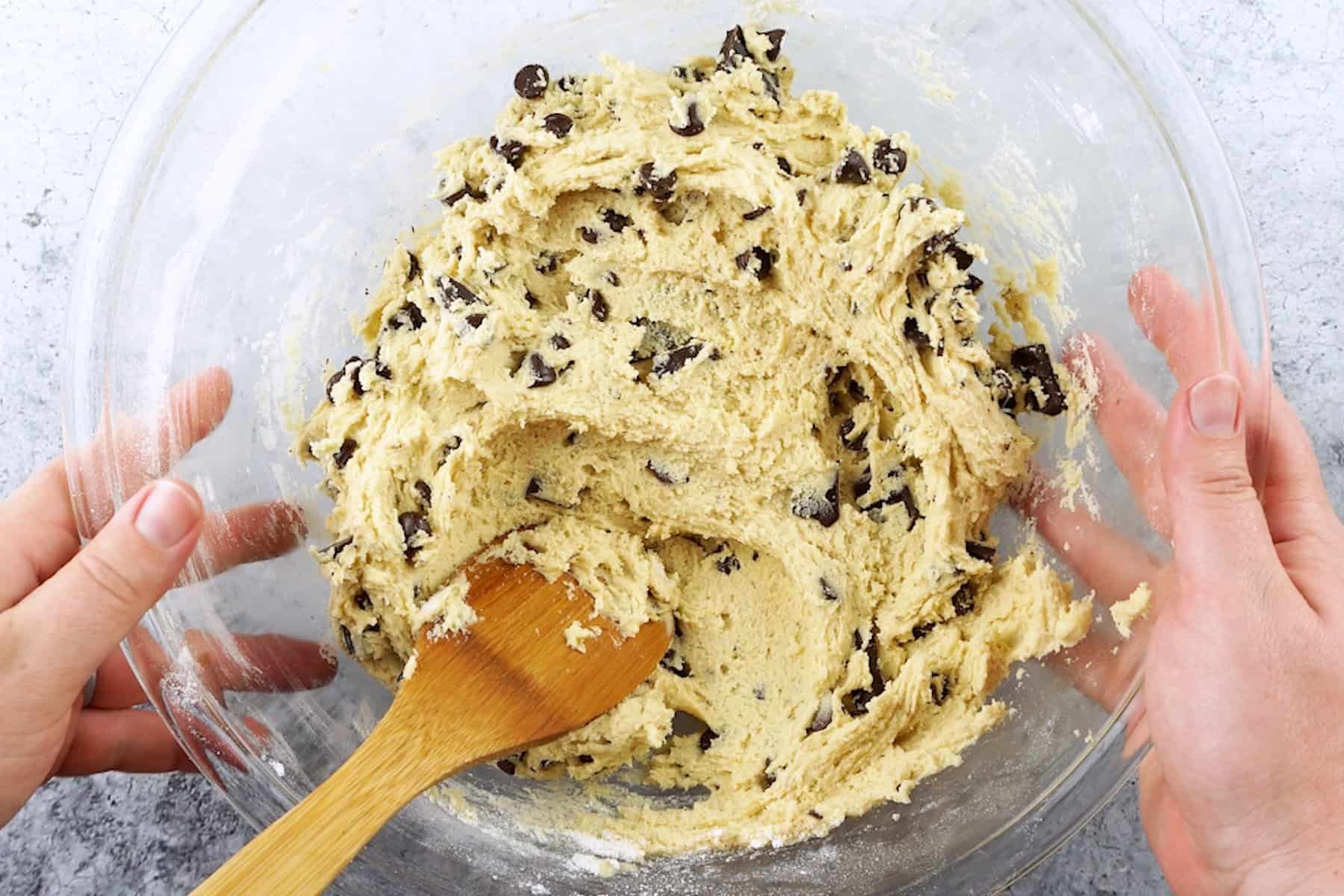 cookie dough batter in glass bowl.