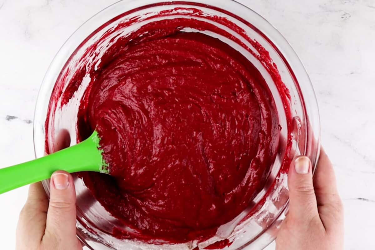 red velvet brownie batter in bowl