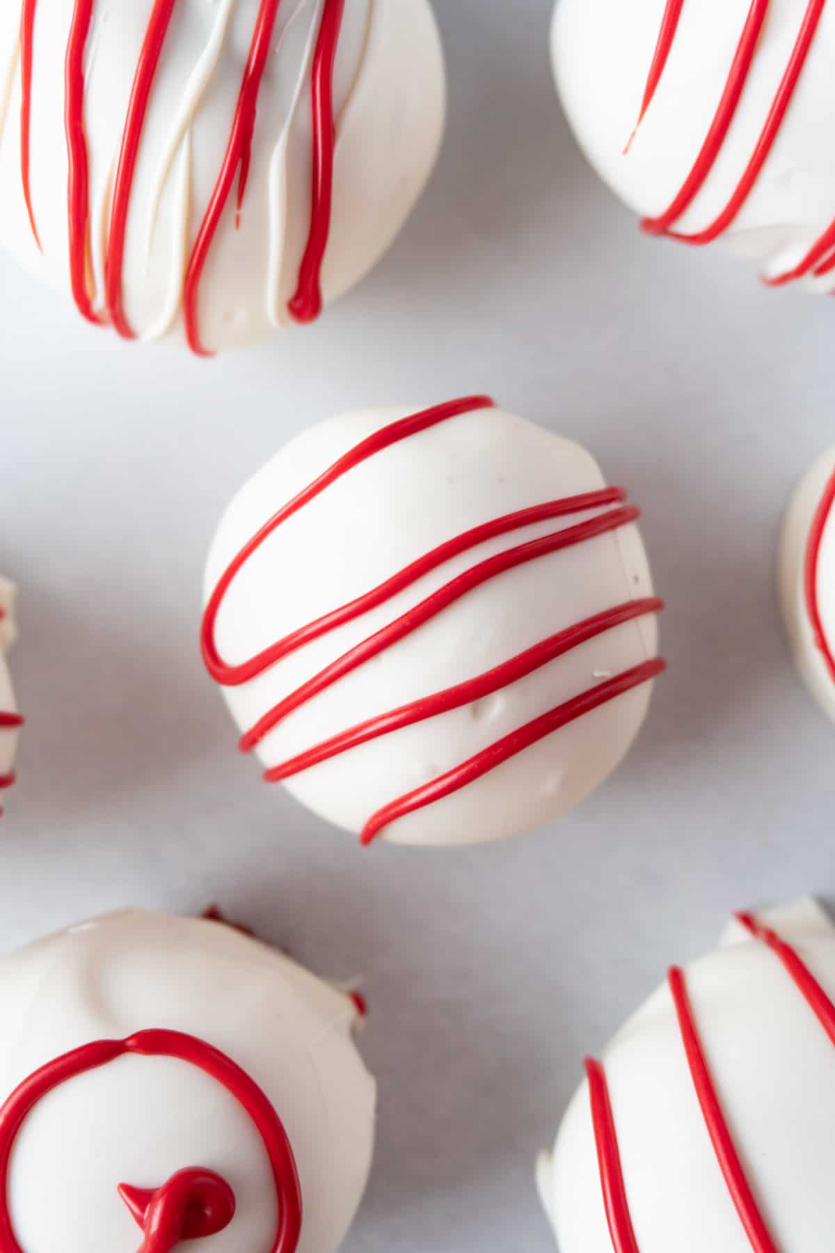 red velvet cake balls white with red stripes