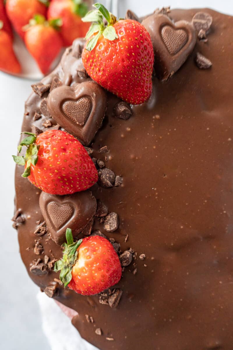 closeup of top of decorated valentine cake