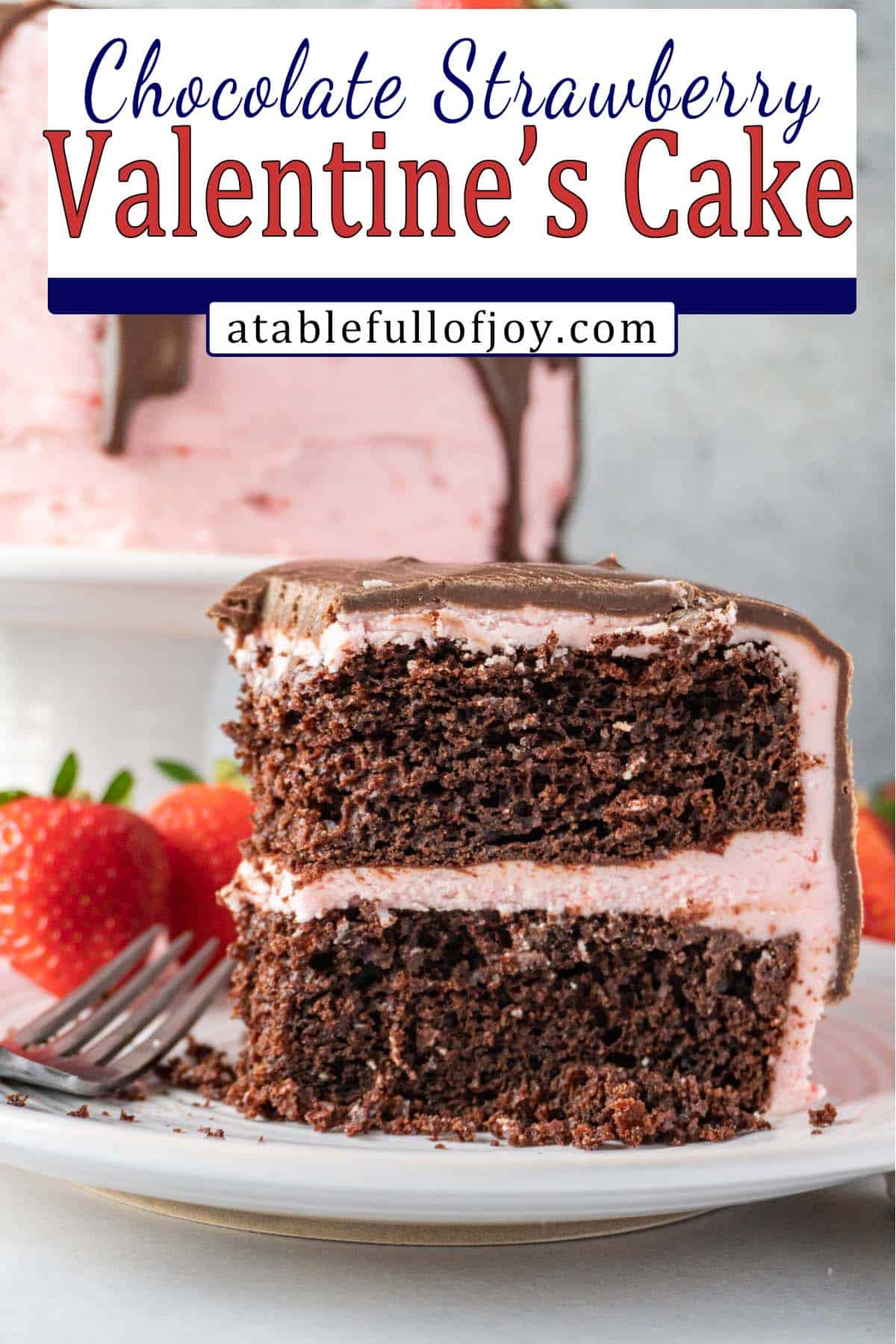 Valentine's Day Cake Pinterest pin (slice of cake with cake in background)