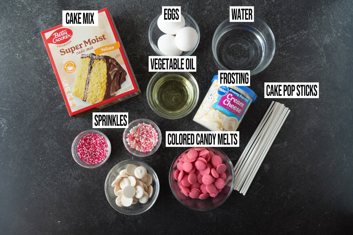 valentines day cake pops ingredients in their own bowls.