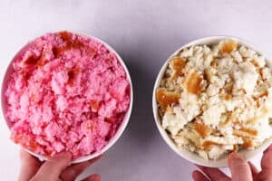 crumble white and pink cake in bowls