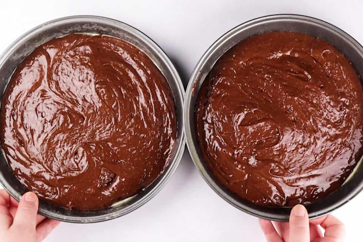 chocolate cake batter in cake pans