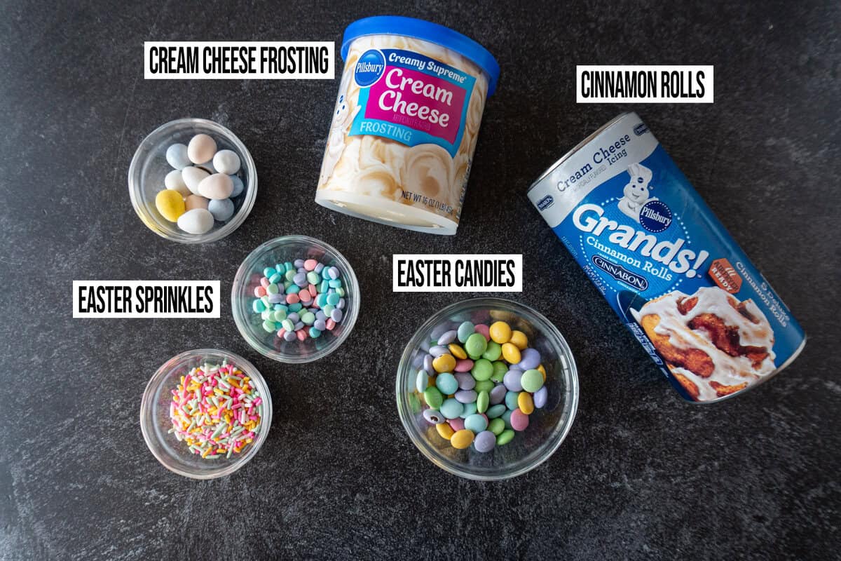 easter bunny cinnamon roll ingredients in individual bowls